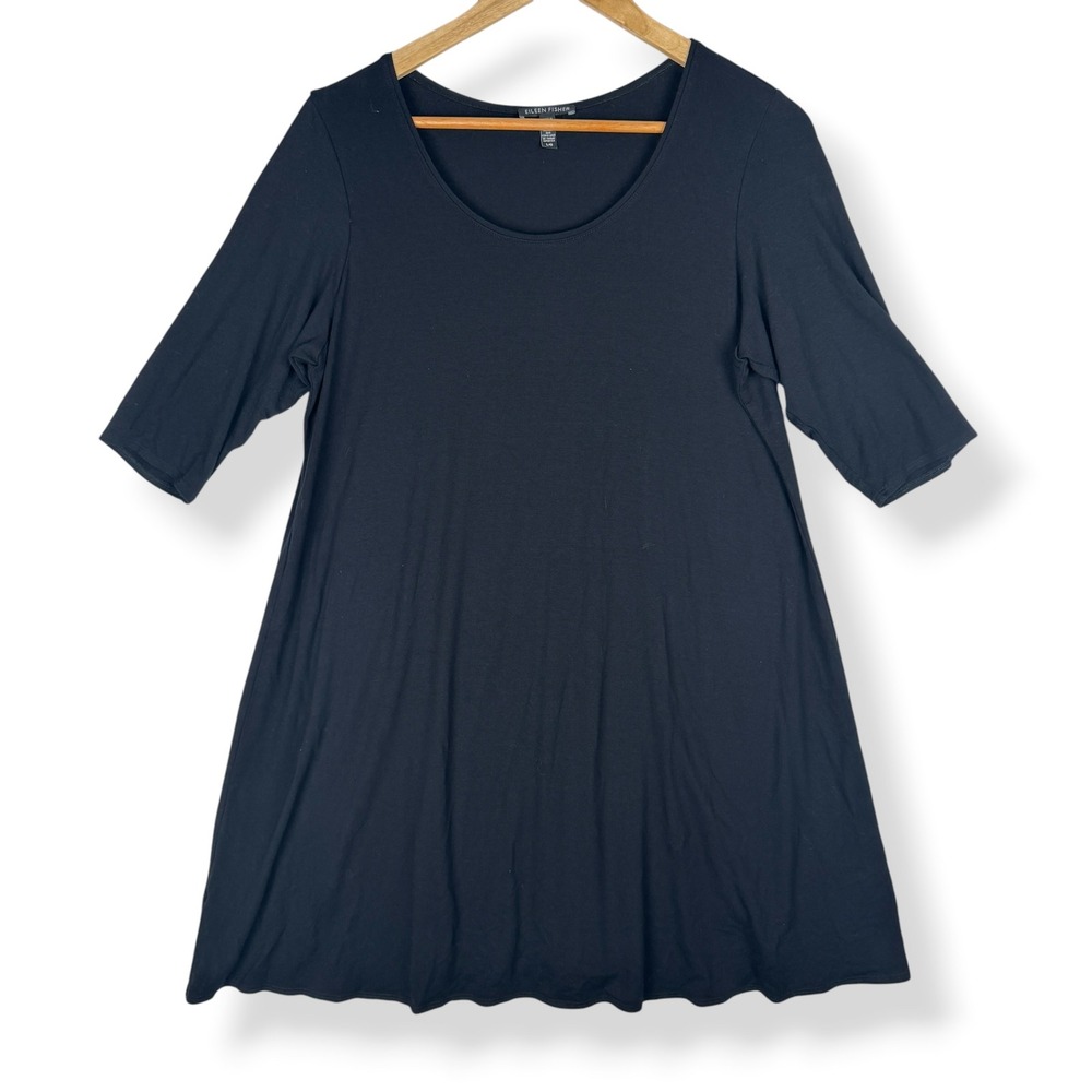 Eileen Fisher Tunic Top Size Large Black Viscose Jersey Swing Shirt Minimalist